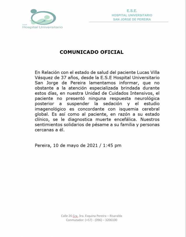 Hospital San Jorge De Pereira Confirma Muerte Cerebral De Lucas Villa