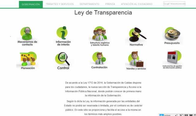 Página web de la Gobernación Este es el micrositio web diseñado por la oficina Gobierno Abierto de la Gobernación de Caldas. 