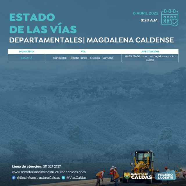 Conozca el estado de las vías de Caldas esté viernes