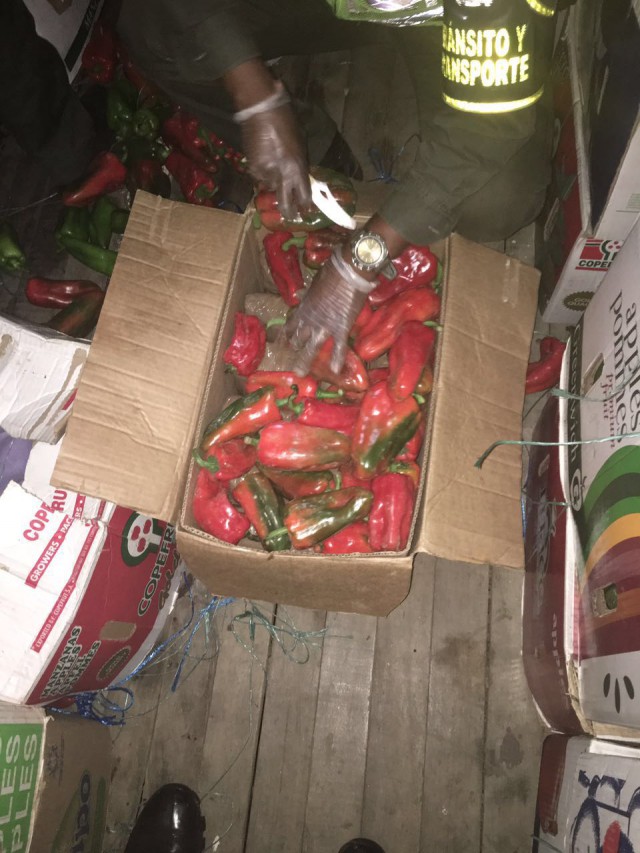 La droga incautada y los pimentones entre los que iba camuflada.