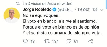 Le cobran el voto en blanco Foto | Tomada de Twitter | LA PATRIA Manizales. Al senador Jorge Enrique Robledo, del Polo Democráti