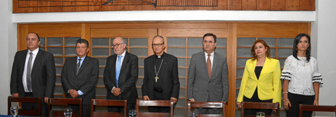 Freddy García Ramírez, presidente de la Junta Directiva de la CCM; Héctor Mejía Aristizábal; Guido Echeverri Piedrahíta, goberna