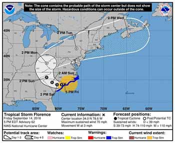Imagen cedida por el Centro Nacional de Huracanes (NHC) que muestra el pronóstico de cinco días de la tormenta tropical Florence