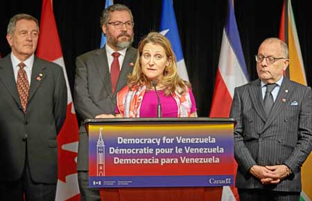 Chrystia Freeland, ministra de Relaciones Exteriores de Canadá, anunció que el Grupo de Lima reconoce la presidencia interina de