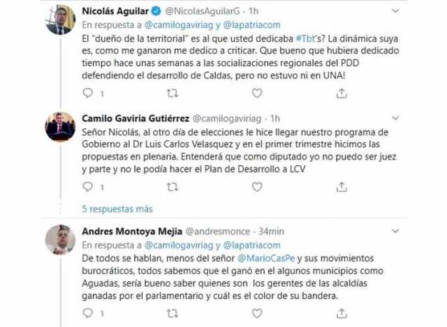 Pelea en redes Foto | Tomada de Twitter | LA PATRIA Manizales. El diputado Camilo Gaviria y el exdiputado Nicolás Aguilar se enf