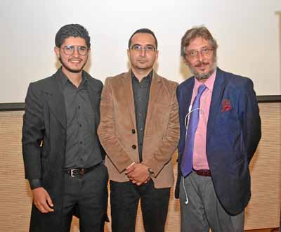 David Rincón Orozco; Alejandro Serna Marín, autor, y Manuel Pérez Petit, editor de Ediciones Cámelot América.