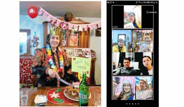 Isabelita Lopera y a la derecha en la pantalla parte de la familia Moreno Lopera: Luza, Lucero, Isabelita, Julián, Mauricio, Nat