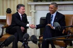 Juan Manuel Santos, presidente de Colombia, y Barack Obama, mandatario de Estados Unidos, hoy durante su reunión en la Casa Blanca. 