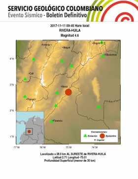 Sismo de magnitud 4,6 tuvo como epicentro a Rivera (Huila) 