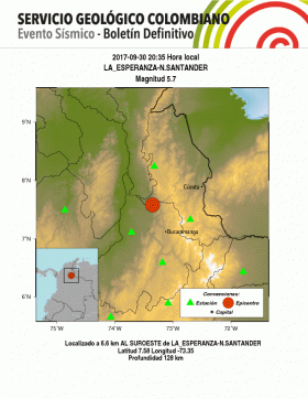 Sismo de magnitud 5,7 con epicentro en Norte de Santander se sintió en Caldas