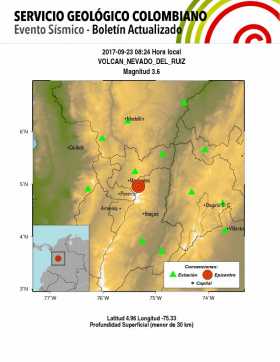 Temblor con epicentro en el Volcán Nevado del Ruiz se sintió en Manizales