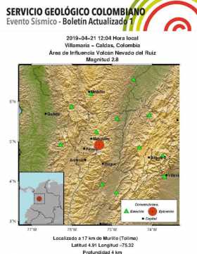 Reportan sismo de 2,8 de magnitud cerca del Volcán Nevado del Ruiz