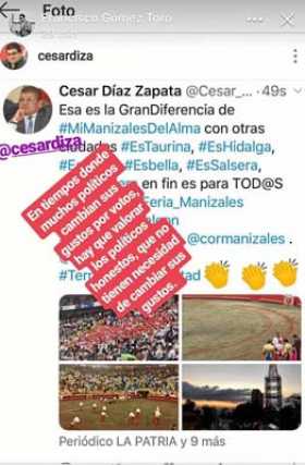 Manizales. El concejal César Díaz, liberal, se siente orgulloso de ser seguidor de los toros, de la salsa y del Once Caldas. No 