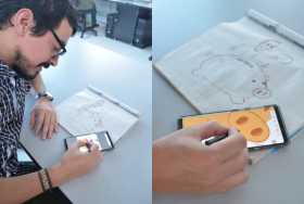 El diseñador visual Juan Carlos Hómez usa el S Pen para digitalizar sus caricaturas en su celular. 