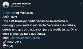 Estado del clima para este viernes en Manizales