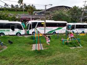 Parqueo indebido de busetas cerca a una zona verde.