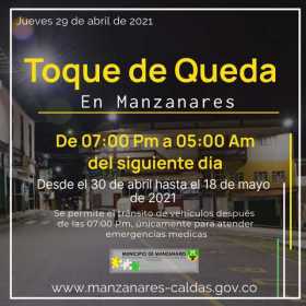 Decretan toque de queda nocturno en Manzanares de hoy hasta el 18 de mayo