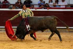 El torero español Emilio de Justo lidia al toro Cobrador de 535 kilos de la ganadería Victorino Martín de España aye, durante la