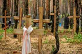En las fotografías publicadas por el Ministerio de Defensa se ve un campo sembrado con simples cruces de madera en un bosque.