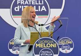Giorgia Meloni en la sede de los Hermanos de Italia (Fratelli d'Italia) en Roma, Italia. Italia celebró ayer elecciones generale