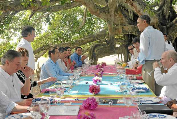 Almuerzo previo a la reunión bilateral que se realizó en la Casa de Huéspedes Ilustres como parte de las actividades de la VI Cumbre de las Américas en Cartagena.