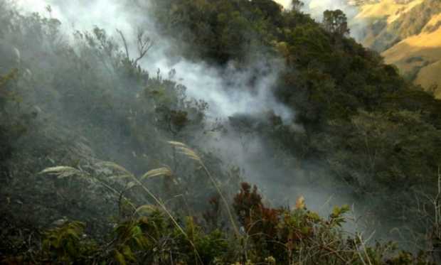 Bomberos Voluntarios de Salamina trabajan para apagar las llamas. 