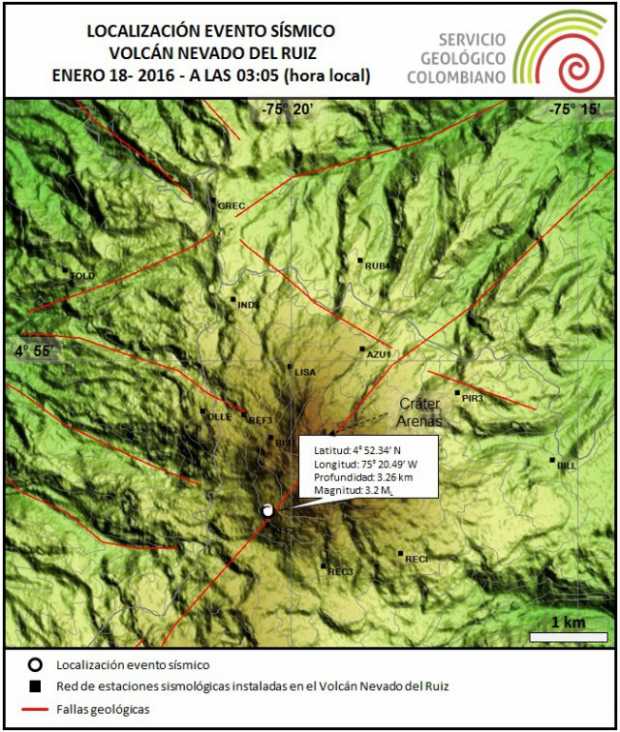 Localización del sismo volcano-téctonico en El Ruiz. 
