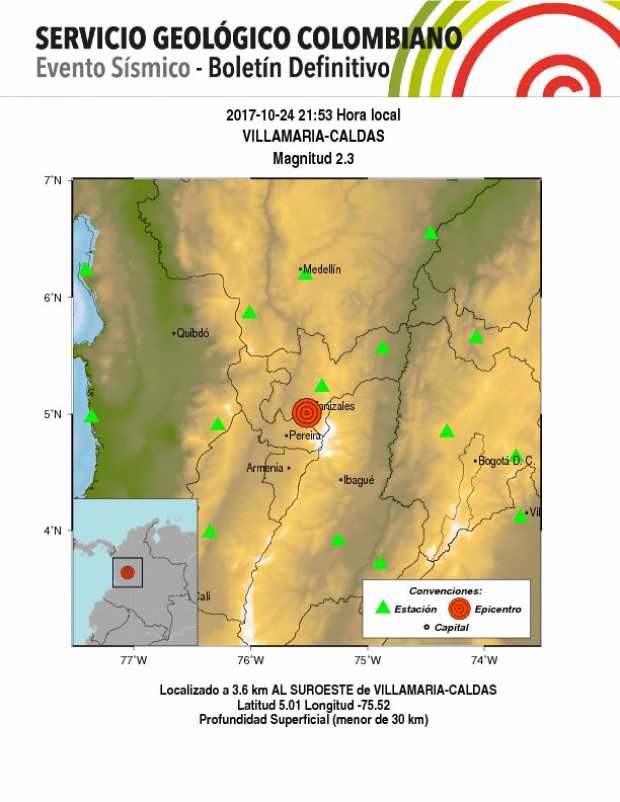 Sismo de magnitud 2,3 tuvo epicentro en Villamaría