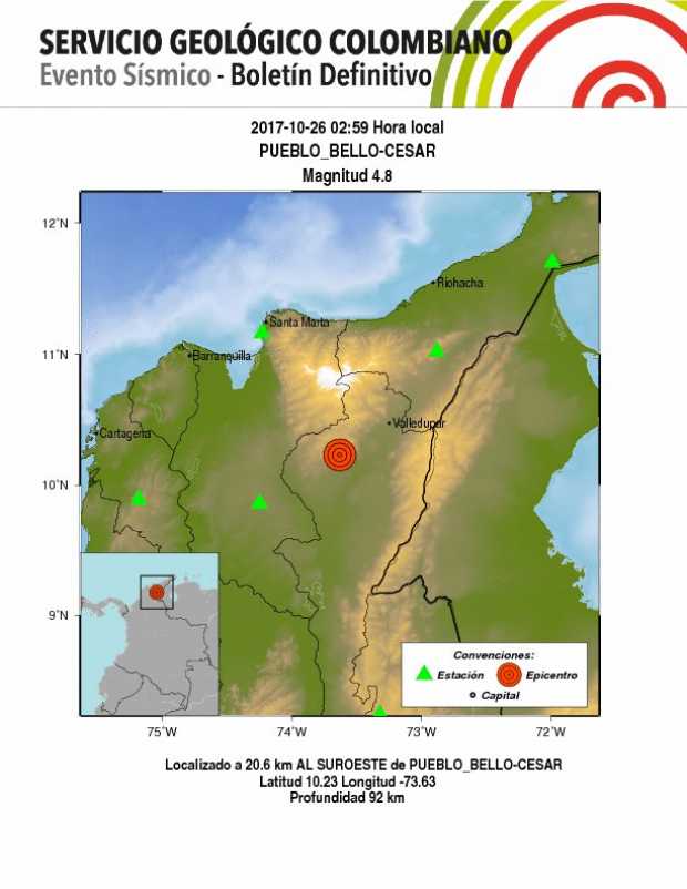 Cesar, el epicentro de sismo de magnitud 4,8 que se registró a las 2:59 a.m.