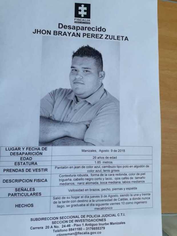 Jhon Brayan Perez Zuleta desapareció el pasado jueves 9 de agosto.