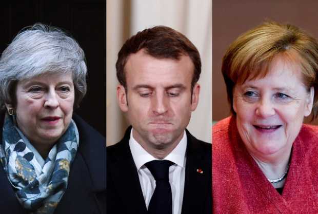 Theresa May, Emmanuel Macron  y Angela Merkel.