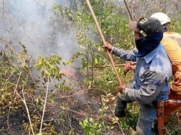 Funcionarios del parque Sierra de la Macarena e integrantes de la Defensa Civil intentan controlar la conflagración. 
