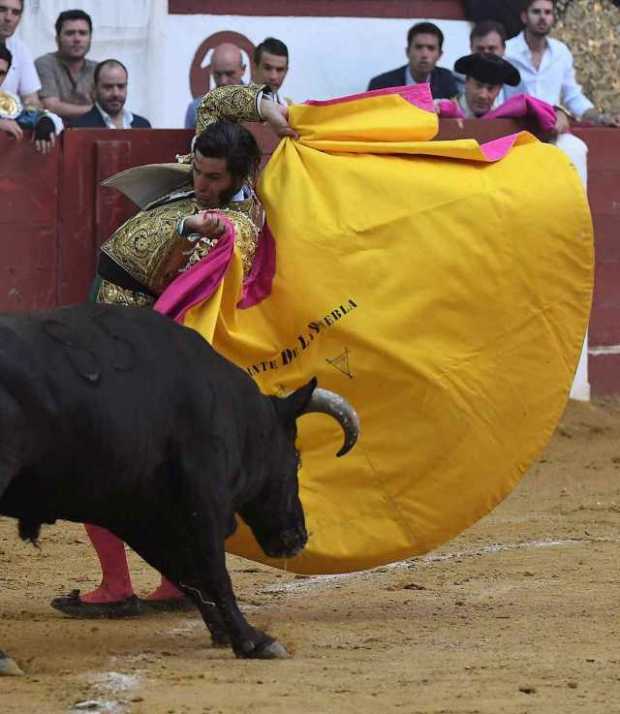 Morante de la Puebla da un pase de capote a un toro en la Feria de San Juan y San Pedro de León. La maniobra también es conocida