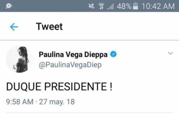 Ex miss Universo Paulina Vega cierra cuenta de Twitter tras pedir voto por Iván Duque