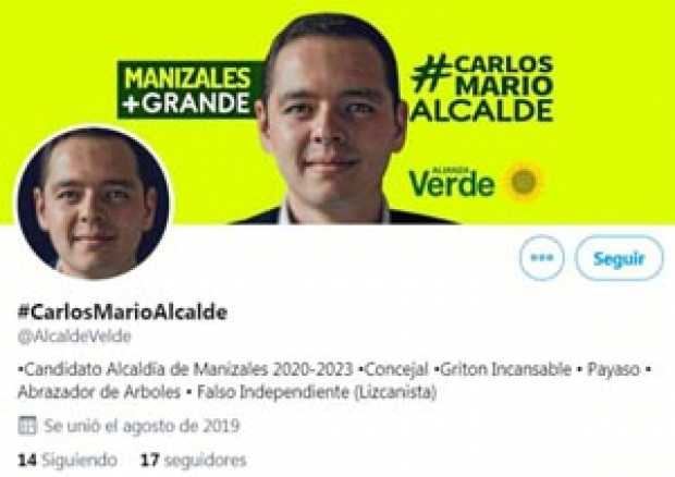 Alcalde Velde Manizales. Apareció por estos días en Twitter una cuenta que parodia el perfil del candidato Carlos Mario Marín. S