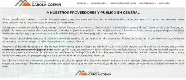 Comunicado de la empresa chilena Grupo Minero Carola-Coemin
