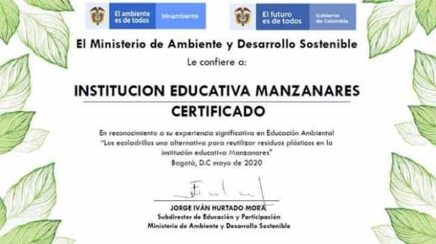 Institución Educativa Manzanares recibió reconocimiento de Minambiente  