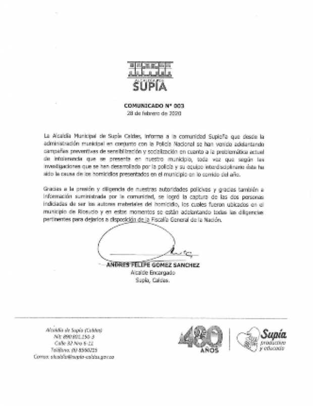 Comunicado Alcaldía  de Supía 