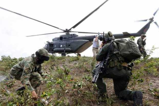 Miembros de la Policía y del Ejército de Colombia llegan al terreno donde se realizará una jornada de erradicación de cultivos i