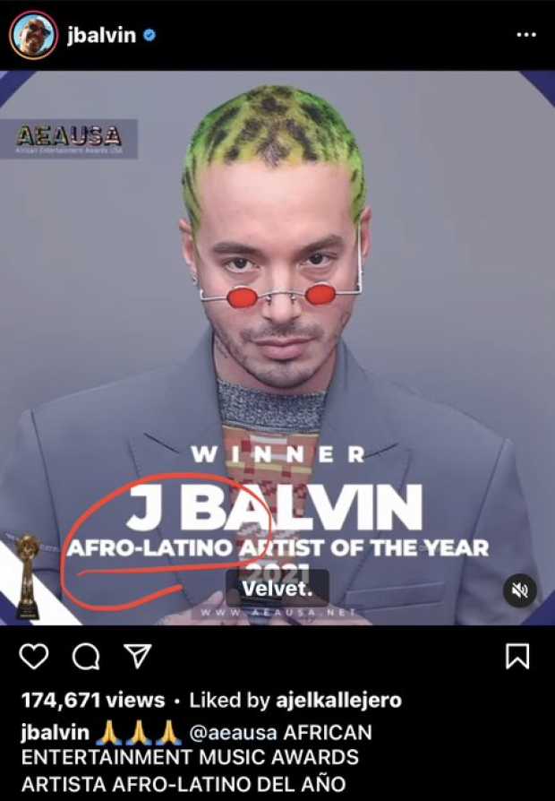 Polémica por elección de J Balvin como artista afrolatino del año