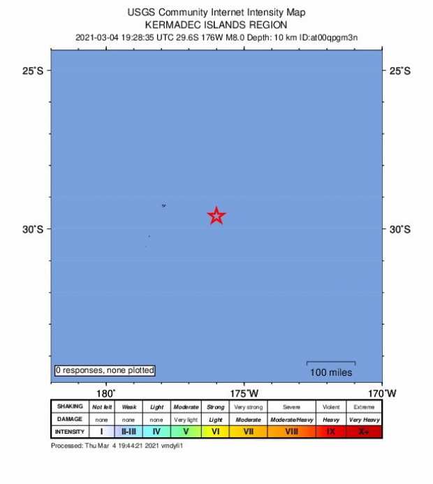 Un folleto Shakemap facilitado por el Servicio Geológico de los Estados Unidos (USGS) muestra la ubicación de un terremoto de ma