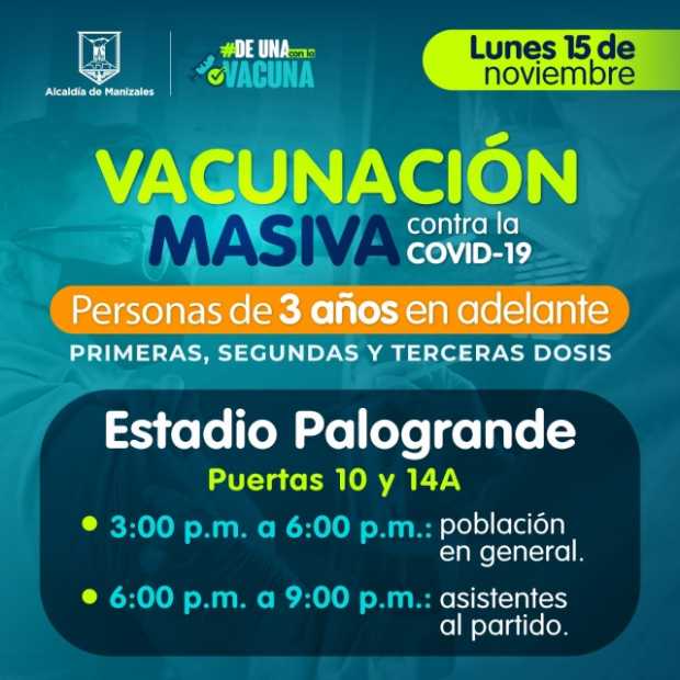 Este lunes habrá vacunación contra la covid-19 en el estadio Palogrande