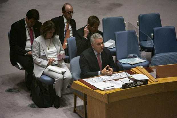 El presidente colombiano, Iván Duque, en su intervención ayer ante el Consejo de Seguridad de la ONU en el que defendió la imple