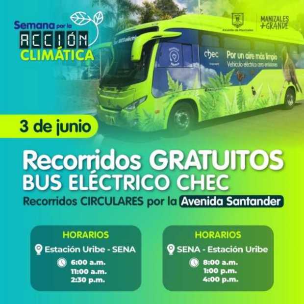 Bus eléctrico de Chec ofrecerá transporte gratis durante el Día sin carro y sin moto en Manizales