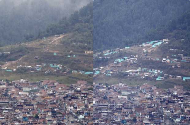 En la izquierda el panorama que se apreciaba el jueves 3 de marzo. En solo 19 días aparecieron decenas de edificaciones. En la d