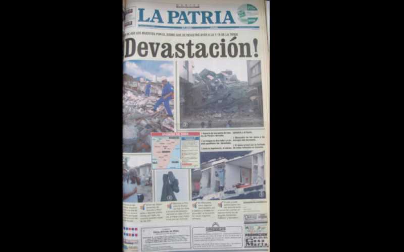 Primera plana del periódico LA PATRIA del martes, enero 26 de 1999. "¡Devastación!" fue el título a seis columnas.