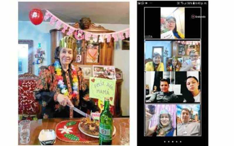 Isabelita Lopera y a la derecha en la pantalla parte de la familia Moreno Lopera: Luza, Lucero, Isabelita, Julián, Mauricio, Nat